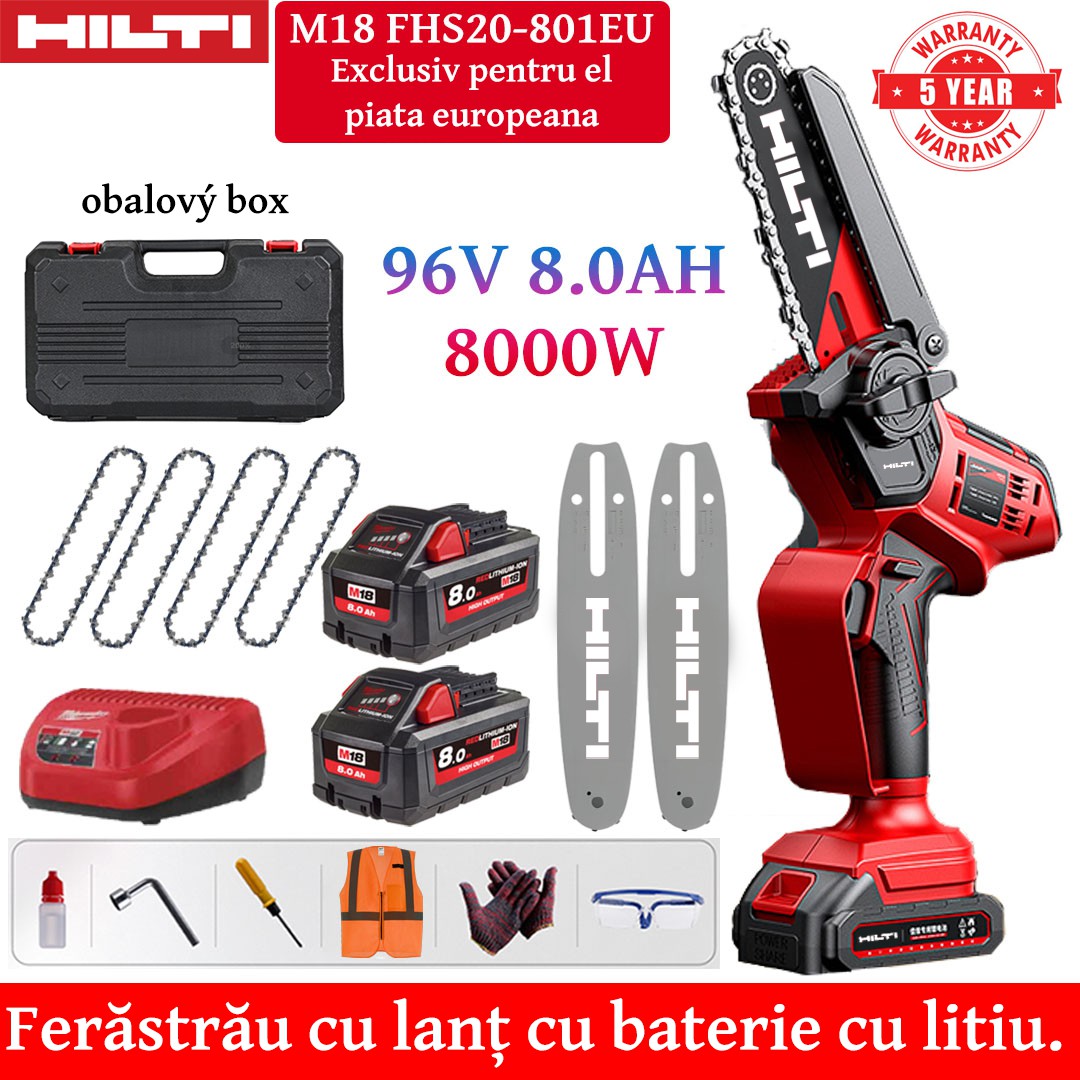 Ferăstrău electric cu litiu de 8 inchi, 8000 W, baterie 96 V 8,0 Ah*2, încărcător, placă de ghidare*2, lanț*4, cutie de scule, lubrifiant și ochelari de protecție
