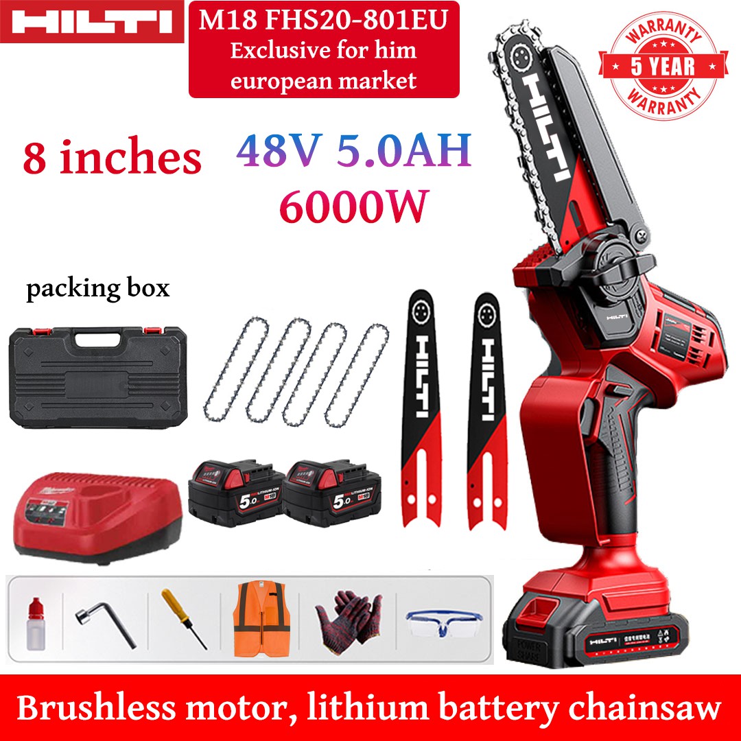 Ferăstrău electric fără perii de 10 inchi, motor din cupru pur, putere de 8000 W, baterie de 96 V 8 Ah*1, lamă*1, lanț*4, cutie de ambalare și ochelari de protecție, garanție de cinci ani