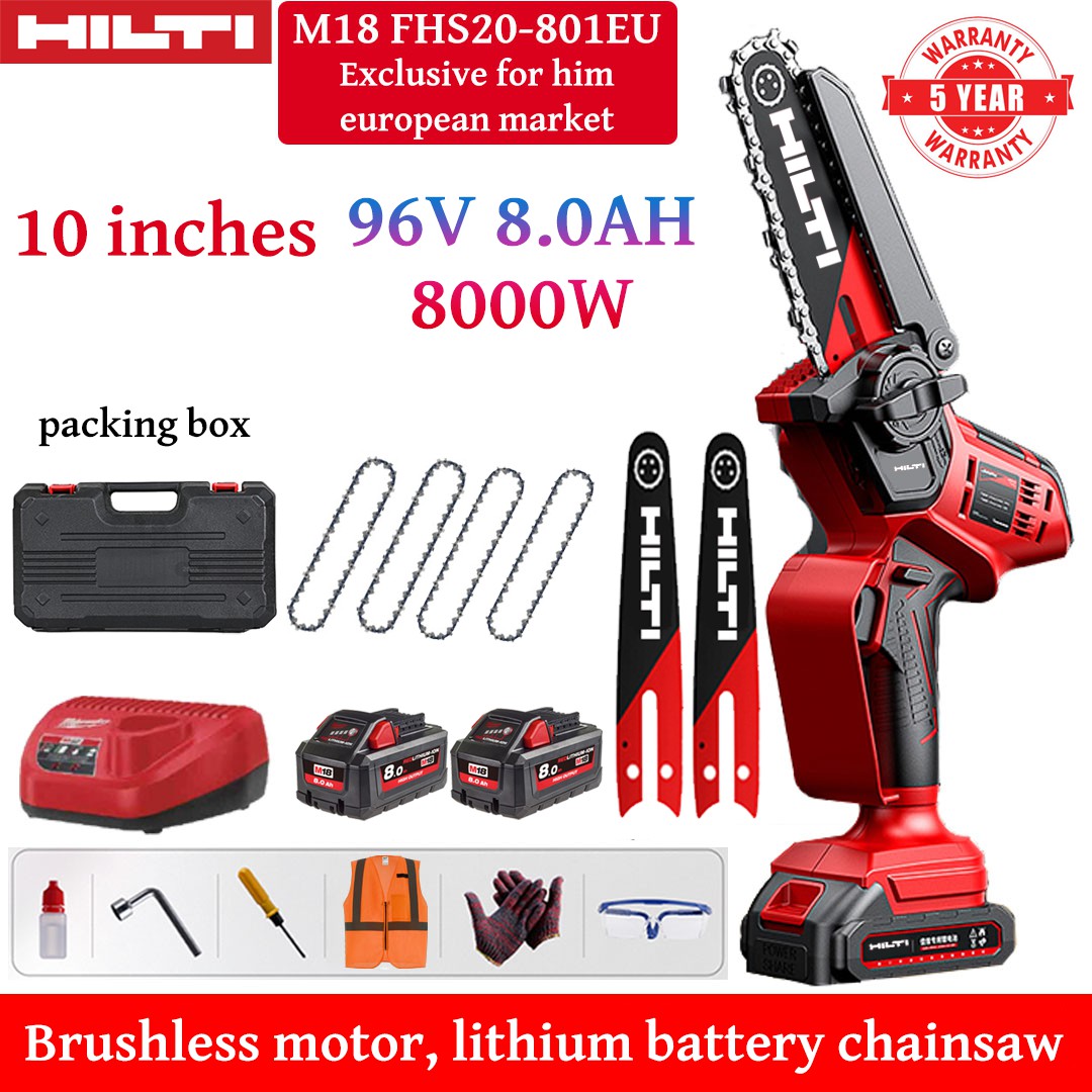 Ferăstrău electric fără perii de 10 inchi, motor din cupru pur, putere 8000W, baterie 96V 8AH*2, lamă*2, lanț*4, cutie de ambalare și ochelari de protecție, garanție de cinci ani