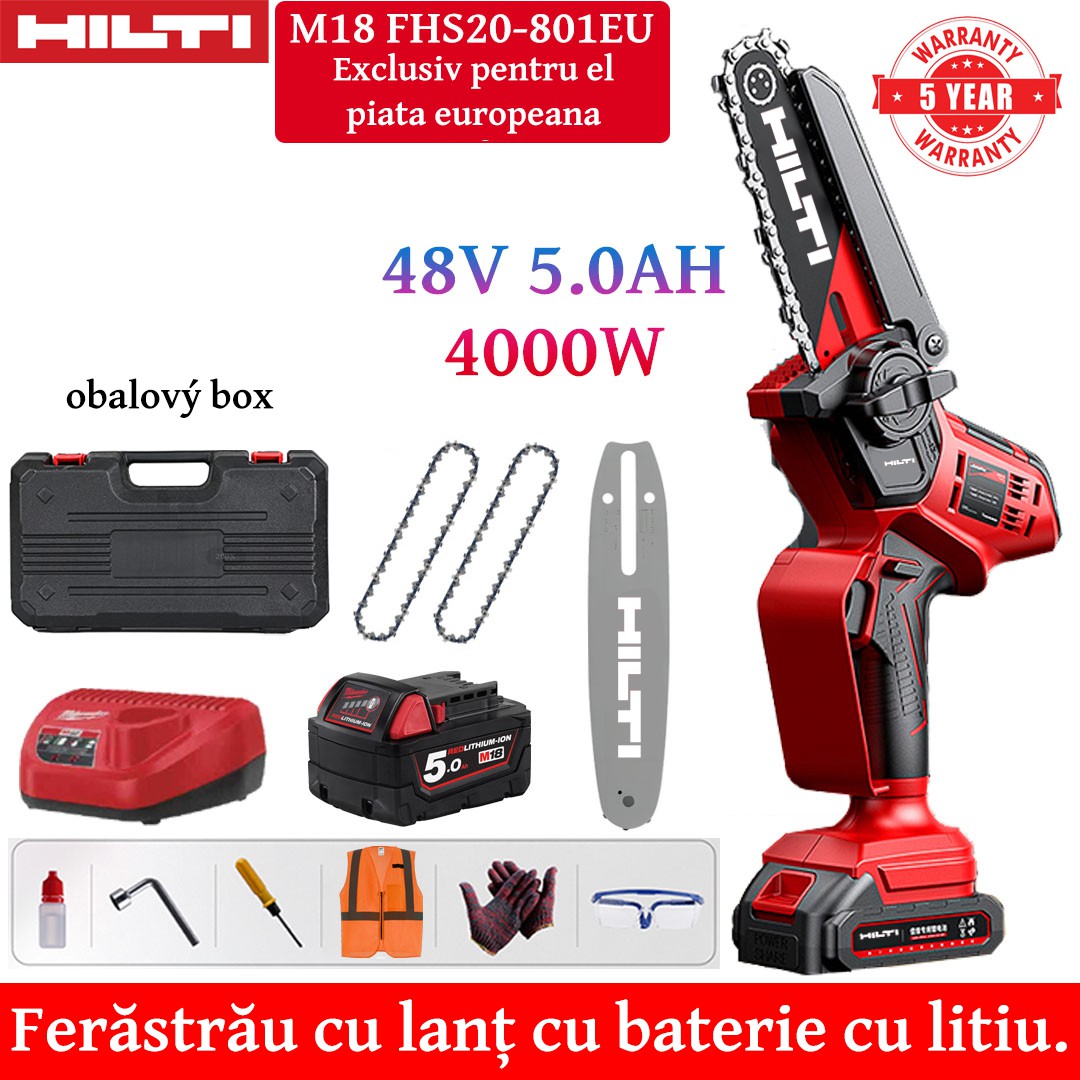Ferăstrău electric cu litiu de 8 inchi, 4000 W, baterie de 48 V 5,0 Ah*1, încărcător, placă de ghidare*1, lanț*2, cutie de scule, lubrifiant și ochelari de protecție